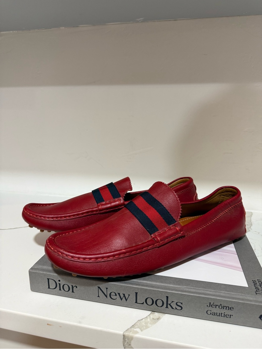 Gucci Red Leather Web Stripe Driving Loafers Slip On Shoes